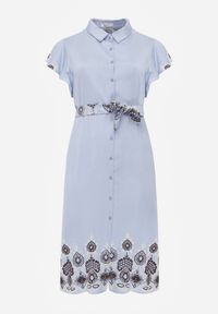 Born2be - Niebieska Wiskozowa Sukienka Koszulowa Zdobiona Haftem i Wiązanym Paskiem Telonesa. Okazja: na co dzień. Kolekcja: plus size. Kolor: niebieski. Materiał: wiskoza. Wzór: aplikacja, haft. Typ sukienki: koszulowe. Styl: casual #2