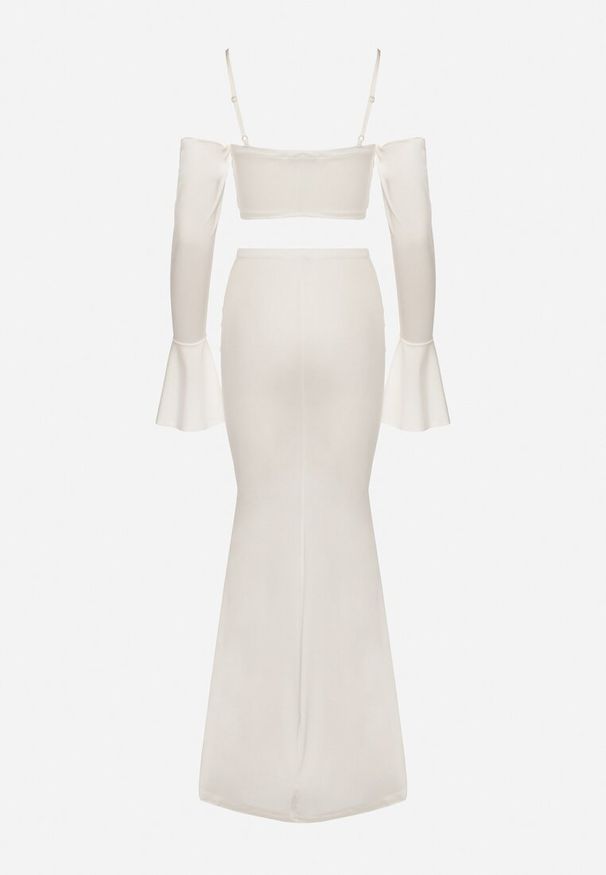 Born2be - Biały Komplet Spódnica z Trenem i Top na Ramiączkach z Rękawami Adivana. Kolor: biały. Materiał: materiał. Wzór: aplikacja