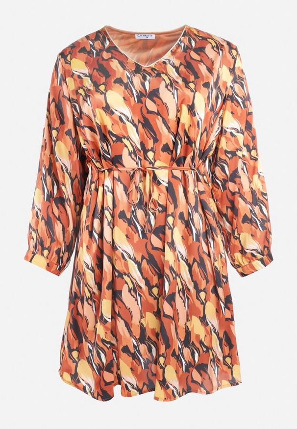 Born2be - Brązowo-Żółta Sukienka Pudełkowa z Cienkim Wiązaniem w Talii Barbyllis. Kolekcja: plus size. Kolor: brązowy. Materiał: materiał, satyna. Wzór: nadruk. Typ sukienki: dla puszystych. Styl: klasyczny. Długość: midi