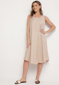 Born2be - Beżowa Rozkloszowana Klasyczna Sukienka Lunetira. Okazja: na spacer, na co dzień. Kolor: beżowy. Materiał: jeans. Typ sukienki: proste. Styl: klasyczny #1