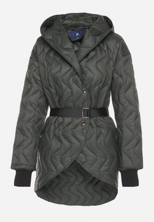 Born2be - Ciemnozielona Asymetryczna Kurtka Pikowana z Paskiem Salthira. Kolor: zielony. Materiał: jeans. Styl: elegancki, klasyczny