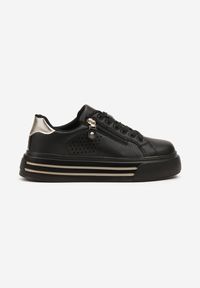 Born2be - Czarne Sneakersy na Grubej Podeszwie z Perforacją i Suwakiem Giorinea. Okazja: na co dzień. Kolor: czarny. Materiał: jeans, dzianina #6