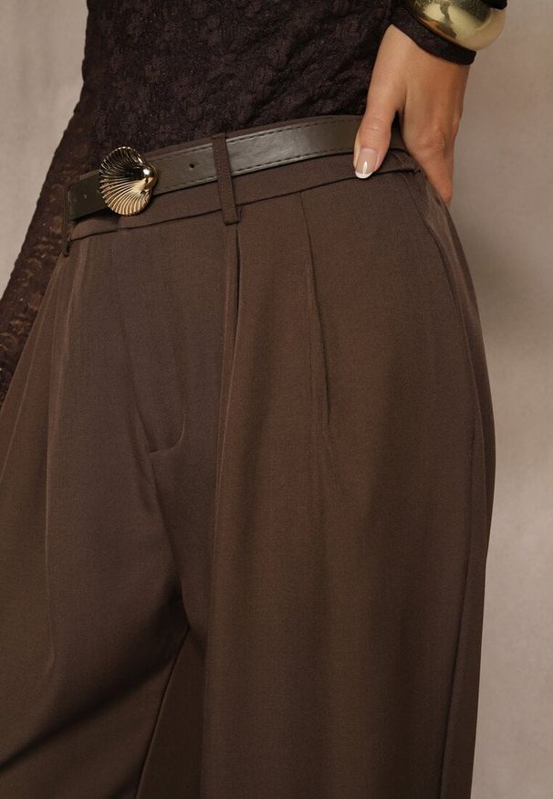Renee - Brązowe Garniturowe Spodnie Wide Leg z Paskiem z Klamrą Muszelką Setre. Okazja: na spotkanie biznesowe. Stan: podwyższony. Kolor: brązowy. Materiał: koronka. Styl: biznesowy