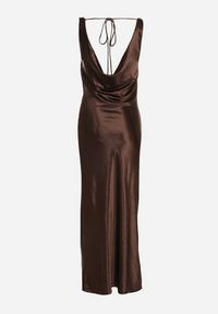 Born2be - Brązowa Koktajlowa Sukienka Satynowa z Wiskozy z Bawełną Delinavia. Kolor: brązowy. Materiał: satyna, bawełna, wiskoza. Styl: wizytowy #7