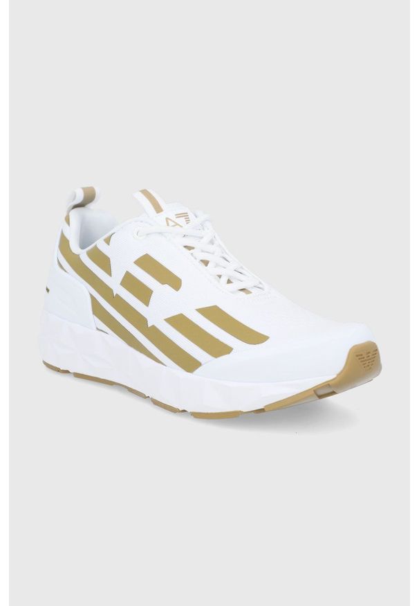 EA7 Emporio Armani Buty kolor biały na płaskiej podeszwie. Nosek buta: okrągły. Zapięcie: sznurówki. Kolor: biały. Materiał: guma. Obcas: na płaskiej podeszwie