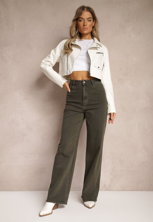 Renee - Ciemnozielone Jeansy Szerokie Phririope. Okazja: na co dzień. Stan: podwyższony. Kolor: zielony. Wzór: aplikacja. Styl: elegancki, casual