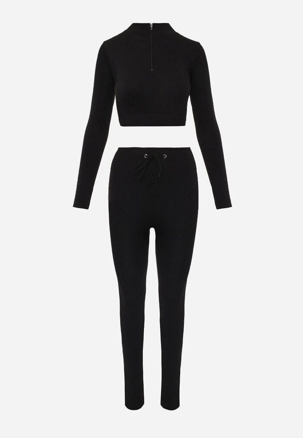 Renee - Czarny Sportowy Komplet Spodnie Wiązane w Pasie i Top z Wycięciem na Kciuk Tidale. Kolor: czarny. Wzór: aplikacja