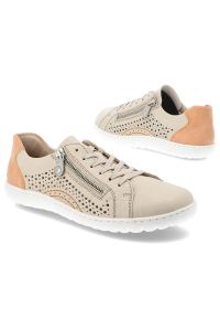 Półbuty damskie Rieker, ze skóry naturalnej licowej ażurowa cholewka zamek i sznurowanie lekka podeszwa, beżowe, 52824-60. Okazja: na co dzień. Zapięcie: sznurówki. Kolor: beżowy. Materiał: skóra. Szerokość cholewki: normalna. Wzór: ażurowy. Sport: turystyka piesza #5