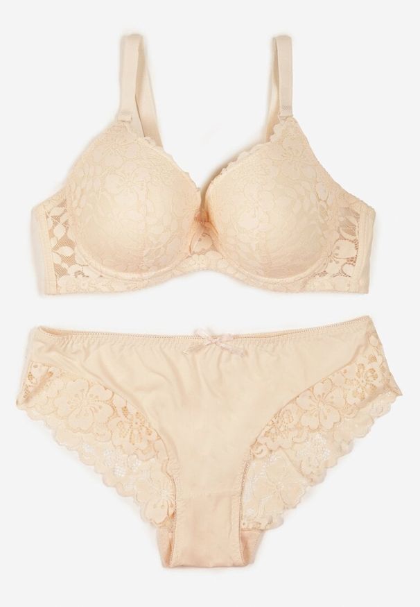 Born2be - Beżowy Klasyczny Komplet Biustonosz i Majtki Figi z Koronką Ezilene. Kolor: beżowy. Materiał: koronka. Wzór: koronka