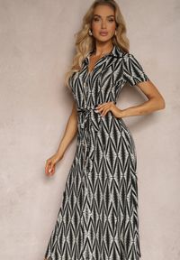 Renee - Czarna Koszulowa Sukienka z Materiałowym Paskiem i Guzikami z Geometrycznym Printem Usklea. Kolor: czarny. Materiał: materiał. Wzór: geometria, nadruk. Sezon: lato. Typ sukienki: koszulowe #3