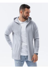 Ombre Clothing - Sweter męski kardigan z kapturem - jasnoszary V2 E188 - XXL. Typ kołnierza: kaptur. Kolor: szary. Materiał: bawełna, nylon, dzianina