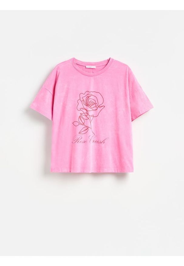 Reserved - T-shirt z nadrukiem - różowy. Kolor: różowy. Materiał: bawełna, dzianina. Wzór: nadruk