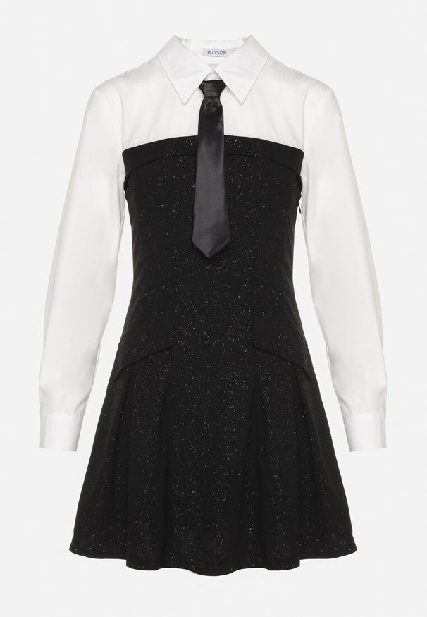 Born2be - Czarna Elegancka Sukienka o Koszulowym Kroju z Krawatem Imitacją Kieszeni i Brokatem Enarin. Okazja: do pracy. Kolor: czarny. Materiał: skóra. Wzór: aplikacja. Typ sukienki: koszulowe. Styl: elegancki