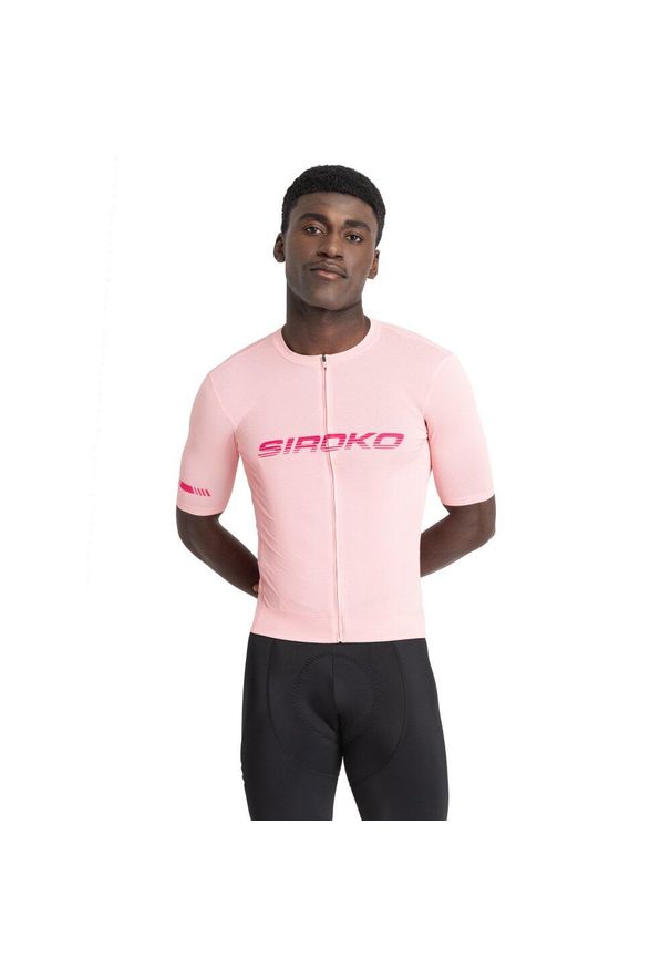 SIROKO - Męska koszulka rowerowa z tkaniny siatkowej z krótkim rękawem Kolarstwo Sirok. Kolor: różowy. Materiał: tkanina. Długość rękawa: krótki rękaw. Długość: krótkie. Sezon: lato. Sport: kolarstwo