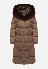 Born2be - Brązowa Długa Kurtka Puchowa z Pikowanymi Przeszyciami i Kapturem z Futrem Zevea. Okazja: na co dzień, na spacer. Kolor: brązowy. Materiał: puch, futro. Długość: długie. Styl: casual, elegancki #6