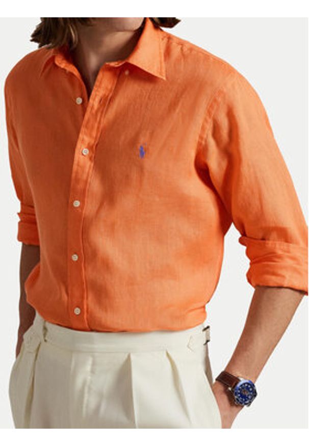 Polo Ralph Lauren Koszula 710968915009 Pomarańczowy Slim Fit. Typ kołnierza: polo. Kolor: pomarańczowy. Materiał: len