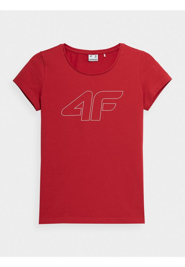 4f - T-shirt regular z nadrukiem damski. Kolor: czerwony. Materiał: bawełna, dzianina. Wzór: nadruk