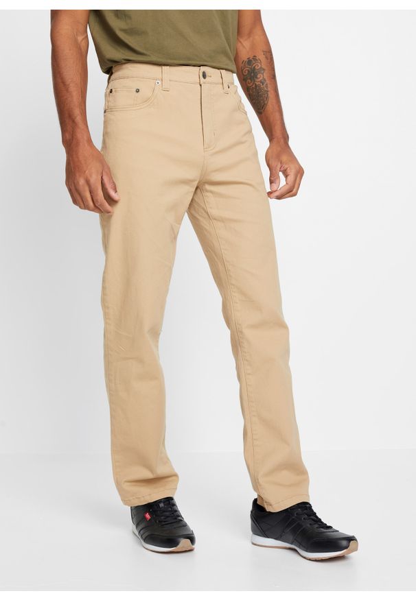 bonprix - Spodnie ze stretchem Classic Fit Straight. Stan: podwyższony. Kolor: beżowy