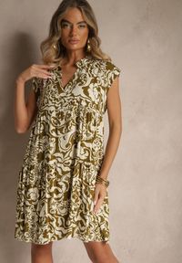 Renee - Ciemnozielona Sukienka Oversize z Bawełny z Ornamentnym Wzorem Folazea. Okazja: na co dzień. Kolor: zielony. Materiał: bawełna. Sezon: lato. Typ sukienki: oversize. Styl: elegancki, casual #3