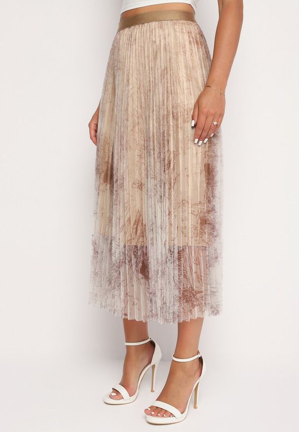 Born2be - Beżowa Plisowana Spódnica z Siateczką w Abstrakcyjny Wzór i Gumką w Pasie Olerna. Kolor: beżowy. Materiał: tiul. Wzór: aplikacja