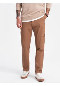 Ombre Clothing - Spodnie męskie z kieszeniami cargo i ściągaczem na dole nogawki - jasnobrązowe V3 OM-PACG-0189 - XXL. Kolor: brązowy. Materiał: elastan, bawełna #11
