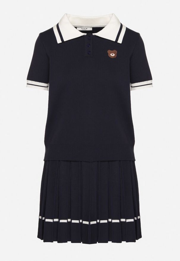 Born2be - Granatowy Komplet Dzianinowy z Wiskozą Koszulka Polo i Plisowana Spódnica Nelreis. Kolor: niebieski. Materiał: dzianina, wiskoza. Wzór: aplikacja