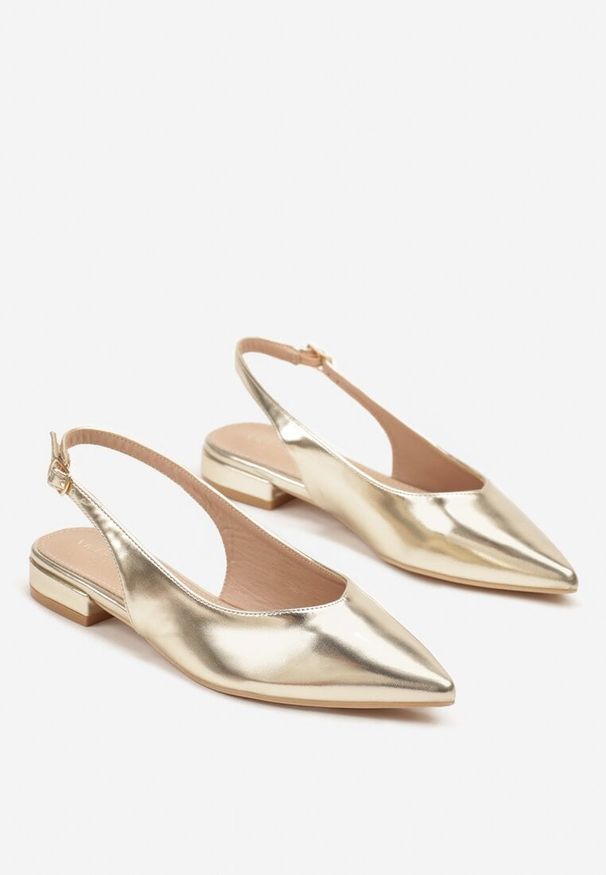 Renee - Złote Sandały Slingback Vices z Wkładką ze Skóry Naturalnej Lisanilis. Okazja: na spotkanie biznesowe, na spacer. Zapięcie: pasek. Kolor: złoty. Materiał: skóra. Obcas: na obcasie. Styl: biznesowy