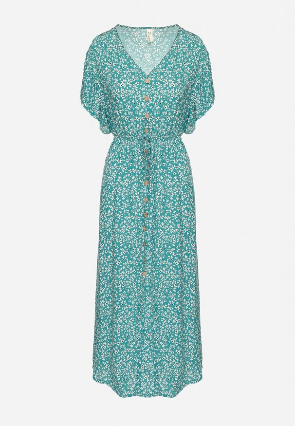 Born2be - Zielona Bawełniana Sukienka z Gumką w Talii w Drobne Kwiatki Nulinea. Okazja: na co dzień. Typ kołnierza: dekolt w serek. Kolor: zielony. Materiał: bawełna. Wzór: kwiaty. Typ sukienki: rozkloszowane. Styl: casual, elegancki, klasyczny