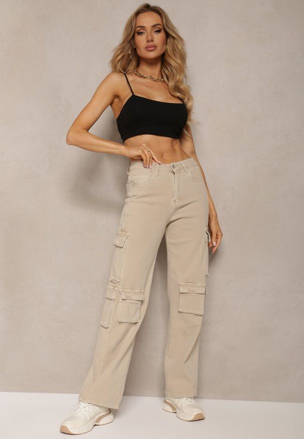 Renee - Beżowe Spodnie Typu Bojówki z Bawełny High Waist z Kieszeniami Zefara. Stan: podwyższony. Kolor: beżowy. Materiał: bawełna
