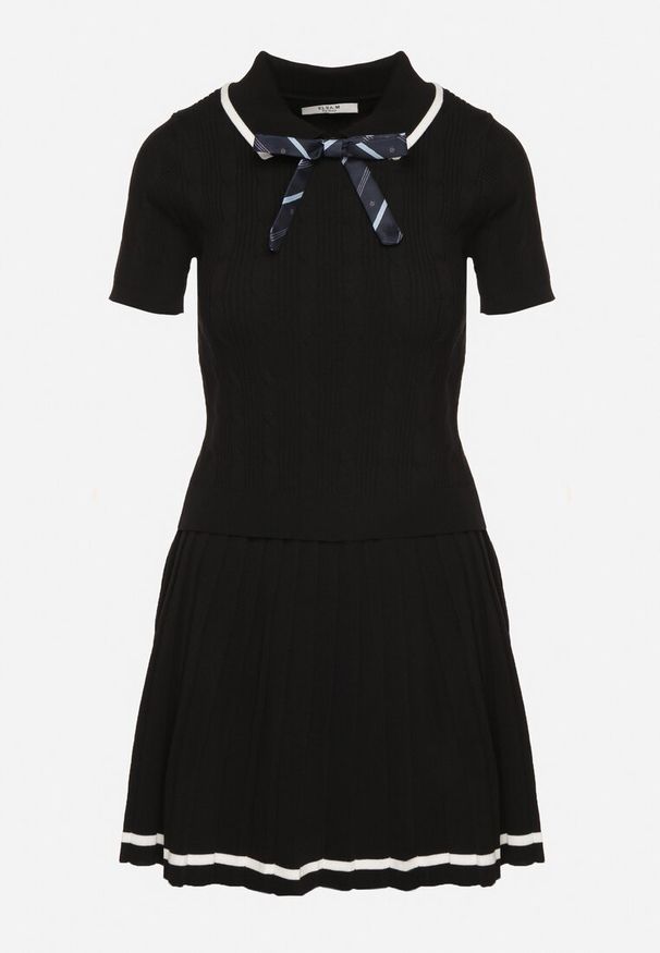 Born2be - Czarny Komplet ze Sweterkiem z Odpinaną Kokardką i Spódniczką w Stylu Mundurka Jorilne. Kolor: czarny. Materiał: materiał