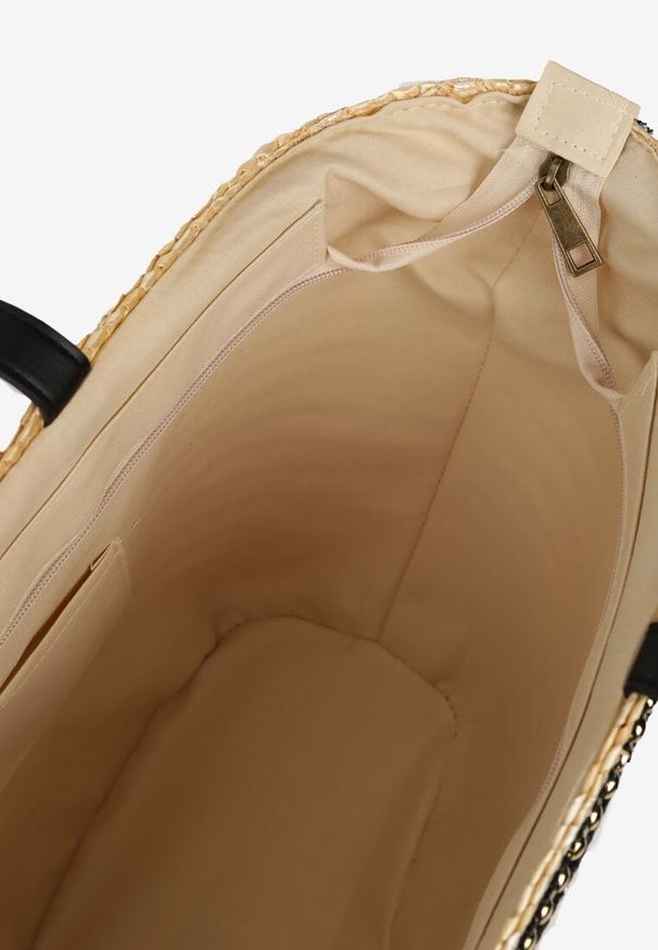 Born2be - Beżowa Pleciona Torebka Shopper Ozdobiona Tasiemką Perłami i Cekinami Klubia. Kolor: beżowy. Wzór: aplikacja. Styl: elegancki, casual