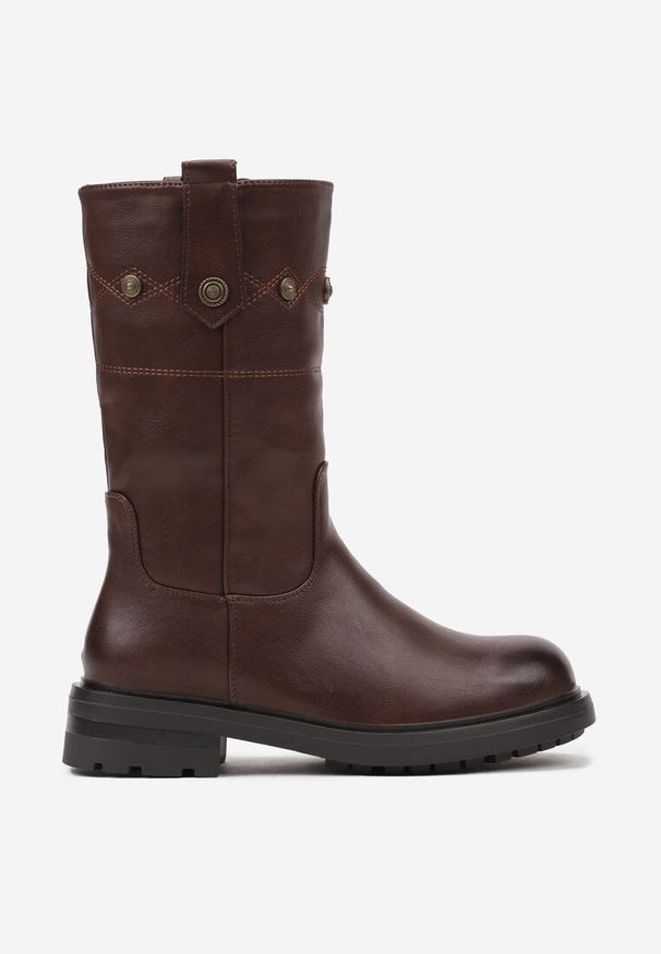 Renee - Brązowe Masywne Botki z Ozdobnymi Nitami Tatila. Zapięcie: zamek. Kolor: brązowy. Materiał: dzianina, skóra. Wzór: aplikacja. Styl: elegancki