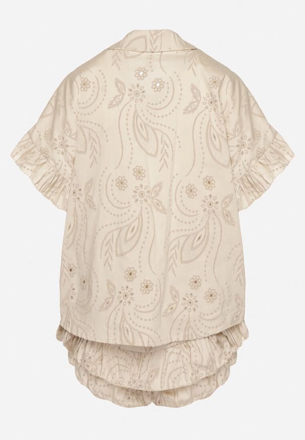 Born2be - Beżowy Bawełniany Komplet Koszula z Wiązaniem i Spódnico-Szorty z Nadrukiem Iffarina. Kolor: beżowy. Materiał: bawełna. Wzór: nadruk