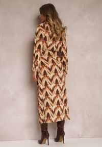 Renee - Beżowo-Brązowa Sukienka Kopertowa w Geometryczny Wzór Elavelle. Kolor: beżowy. Materiał: tkanina. Wzór: geometria. Typ sukienki: kopertowe #5
