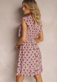 Renee - Beżowo-Czerwona Sukienka z Gumką w Talii z Wiskozy w Abstrakcyjny Wzór Lianefa. Kolor: beżowy. Materiał: wiskoza. Sezon: lato
