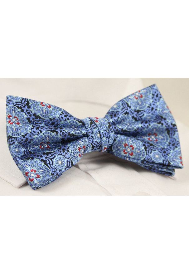 Chattier - Niebieska Mucha z Białą Poszetką -CHATTIER- Męska, w Orientalny Wzór. Kolor: niebieski. Styl: sportowy, elegancki