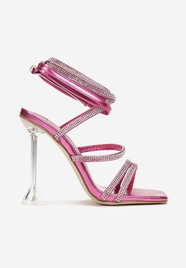 Renee - Fuksjowe Sandały na Transparentnej Szpilce z Kwadratowym Noskiem i Paskami w Cyrkonie Couria. Zapięcie: pasek. Kolor: różowy. Wzór: aplikacja. Styl: glamour
