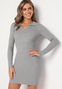 Born2be - Szara Sweterkowa Sukienka z Prążkowanego Materiału z Kołnierzykiem Merivanae. Okazja: na spotkanie biznesowe. Kolor: szary. Materiał: prążkowany, materiał. Styl: biznesowy, elegancki #1