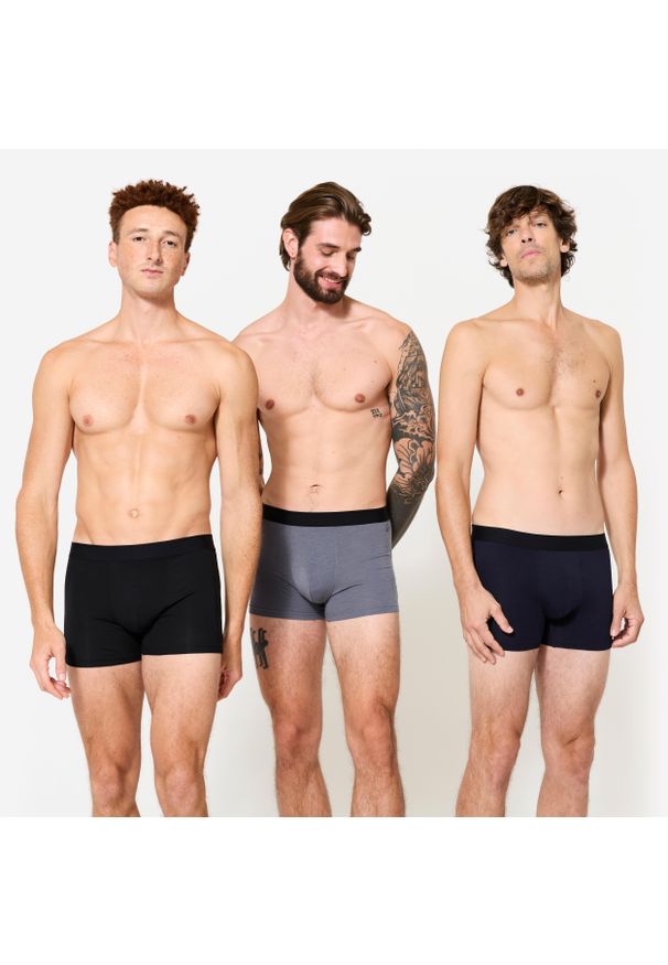 Decathlon - Bokserki męskie Domyos 3 sztuki. Kolor: szary, niebieski, wielokolorowy, czarny. Materiał: skóra, bawełna, materiał, elastan. Sport: fitness