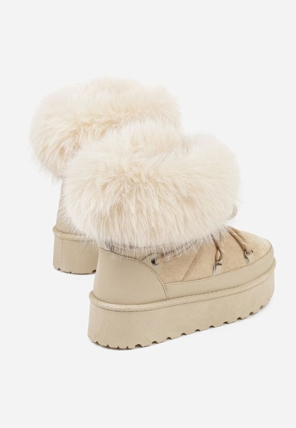 Renee - Beżowe Śniegowce na Platformie Ozdobione Futerkiem Teswena. Okazja: na co dzień. Kolor: beżowy. Materiał: futro. Wzór: aplikacja. Sezon: zima. Obcas: na platformie. Styl: klasyczny, casual, elegancki