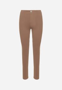 Born2be - Ciemnobeżowe Legginsy z Wiskozą z Wysokim Stanem Zdobione Guzikiem z Cyrkoniami Nalette. Okazja: na co dzień. Stan: podwyższony. Kolor: beżowy. Materiał: wiskoza. Wzór: aplikacja. Styl: elegancki, casual #7