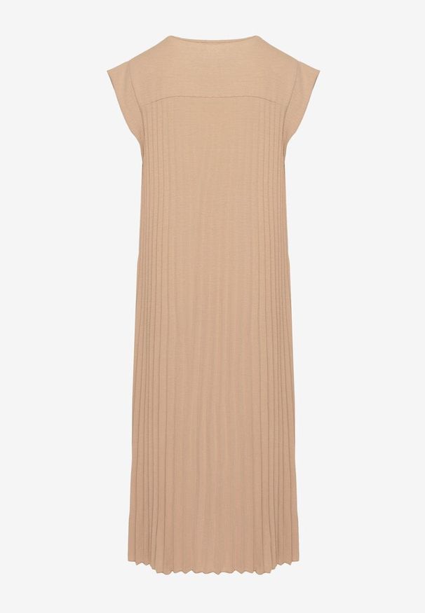 Born2be - Beżowa Plisowana Sukienka Mavence. Okazja: na co dzień. Kolor: brązowy. Wzór: nadruk. Styl: casual, klasyczny