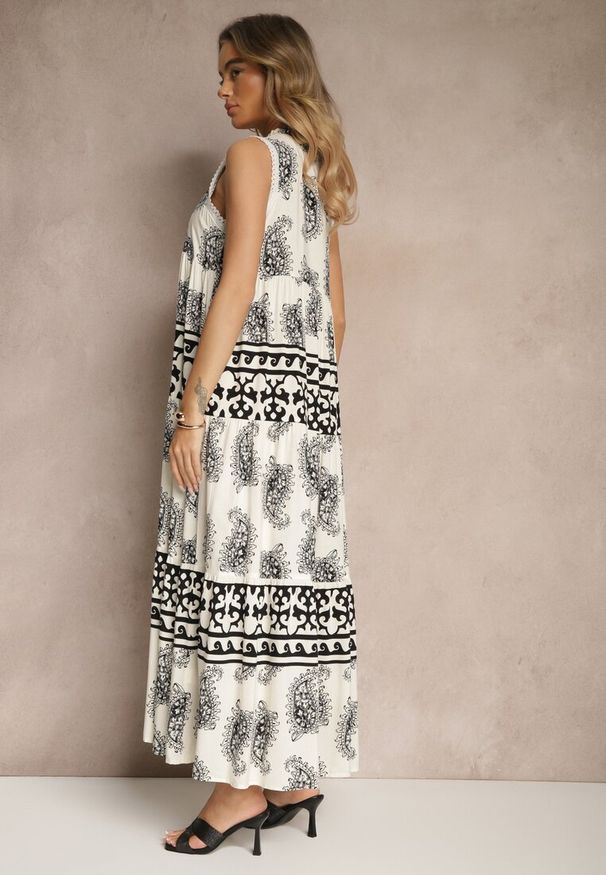 Renee - Czarna Rozkloszowana Sukienka z Wiskozy Wiązana pod Szyją w Print Paisley Nreadia. Kolor: czarny. Materiał: wiskoza. Wzór: paisley, nadruk. Typ sukienki: rozkloszowane