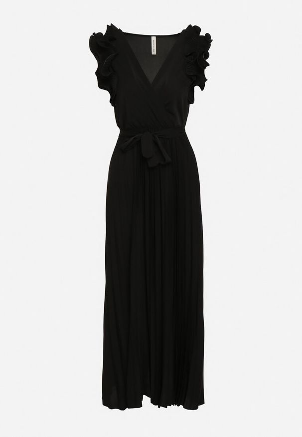 Born2be - Czarna Sukienka z Kopertowym Dekoltem i Falbanką z Gumką w Talii i Materiałowym Paskiem Tiamaraya. Okazja: na spotkanie biznesowe, do pracy, na co dzień. Typ kołnierza: dekolt w kształcie V, dekolt kopertowy. Kolor: czarny. Materiał: materiał. Typ sukienki: kopertowe. Styl: casual, biznesowy