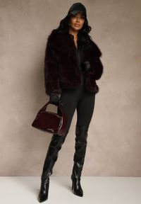 Renee - Bordowa Kurtka Futrzana Ozdobiona Kołnierzem Avelire. Okazja: na co dzień. Kolor: czerwony. Materiał: futro. Wzór: aplikacja. Sezon: zima. Styl: elegancki, casual #4