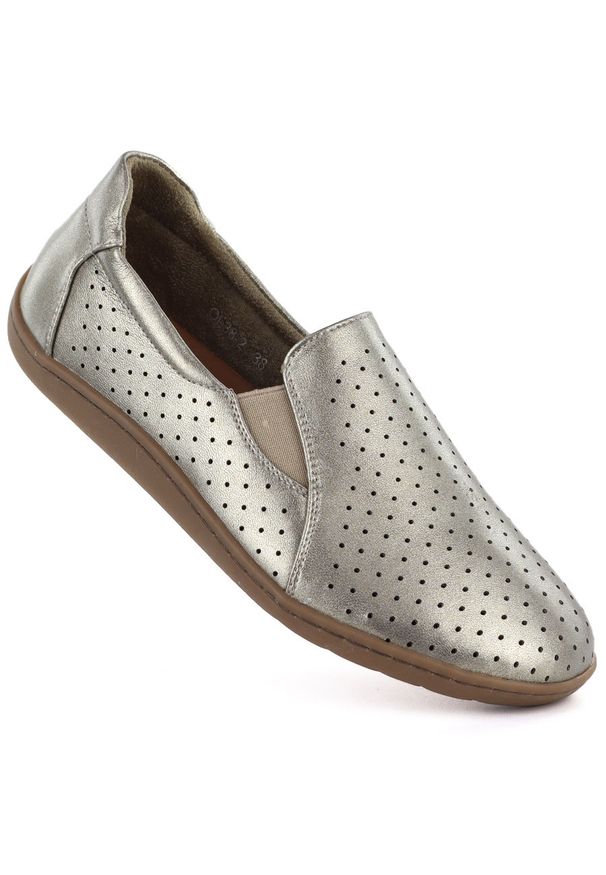 Skórzane półbuty ażurowe barefoot złote M.Daszyński OL38-2. Kolor: złoty. Materiał: skóra. Wzór: ażurowy