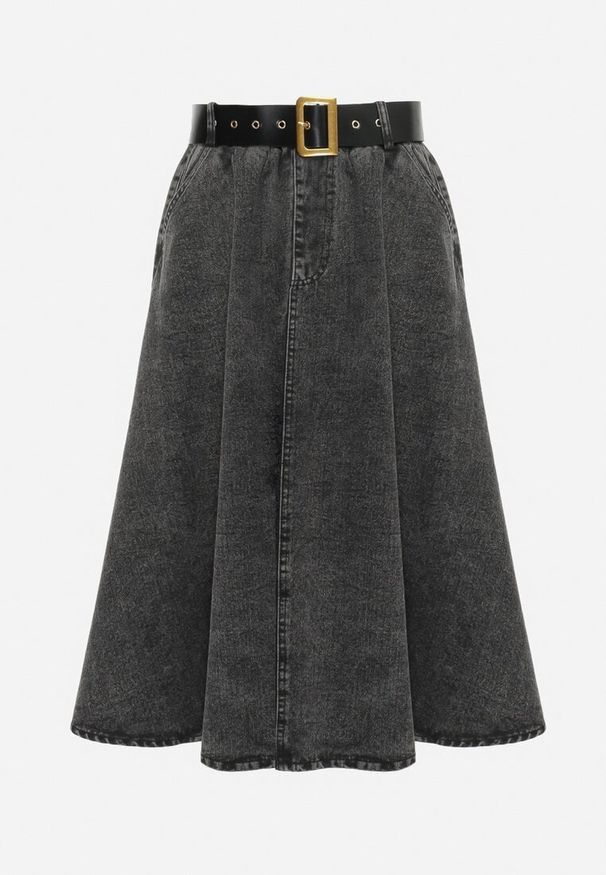 Born2be - Czarna Jeansowa Spódnica Midi z Paskiem Suera. Okazja: na spotkanie biznesowe, na co dzień, do pracy. Kolor: czarny. Materiał: jeans. Styl: casual, biznesowy