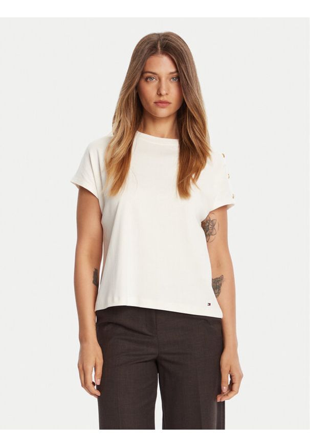 TOMMY HILFIGER - Tommy Hilfiger T-Shirt Gold Button WW0WW47455 Écru Regular Fit. Kolor: kremowy. Materiał: bawełna