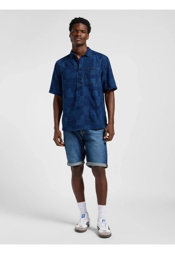 Lee - MESKA KOSZULA LEE POPOVER SHIRT SS INDIGO PATCHWORK DOBBY 112364121