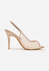 Born2be - Szampańskie Siateczkowe Sandały VICES na Szpilce z Paskiem na Piętę i Cyrkoniami Doriata. Nosek buta: otwarty. Zapięcie: pasek. Kolor: złoty. Wzór: aplikacja. Materiał: skóra, materiał. Sezon: lato. Obcas: na szpilce. Styl: klasyczny. Wysokość obcasa: średni #7